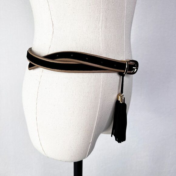 White House Black Market | Black Leather Tassel Belt | Sz M - Picture 2 of 7